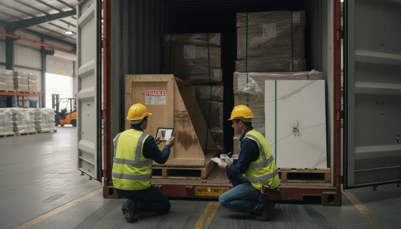 Warehouse team documenting damaged UV panels and packaging conditions during container receiving inspection.